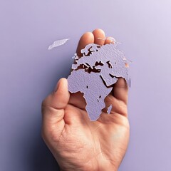 Hand Holding Paper Cutout of Earth on Purple Background for Environmental Awareness