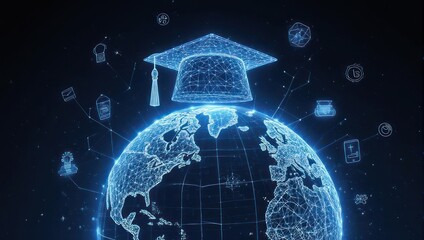 Explore global learning opportunities with a digital graduation cap hovering over Earth, representing worldwide education and academic success, illuminated in blue