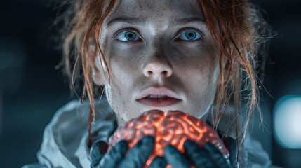 A scienctist woman looking serious holding the brain on her hands.
