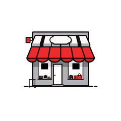 Obraz premium Minimalist shop facade with red awning on white background, modern design