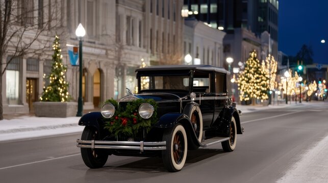 Fototapeta Vintage Car Decorated for Holiday Parade in a Festive City Setting at Night