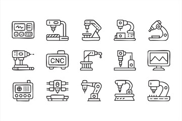 Factory machinery and engineering production line outline illustrations for technology use