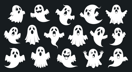 A whimsical collection of cartoon ghost characters with various expressions, perfect for Halloween designs. This spooky and fun set of spirits is a great vector graphic for any festive project
