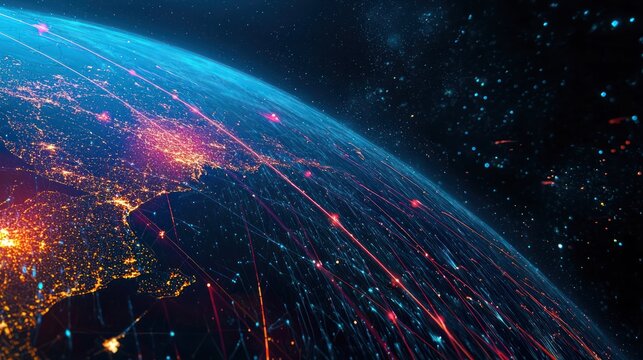 A glowing blue and red light trail emanates from a planet, with a city skyline illuminated below.