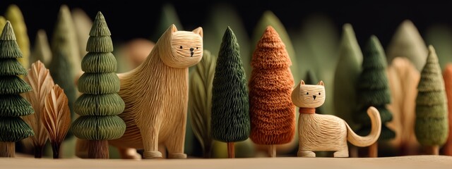 Eco-Friendly Paper Art Displaying Layered Trees and Adorable Cat and Dog Figures