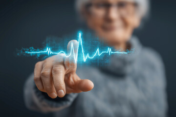 A Senior Woman's Finger Interacting with a Blue Digital Holographic Heartbeat Pulse