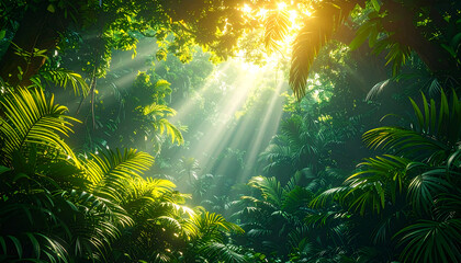 Fototapeta premium Sunbeams Filtering Through Lush Tropical Rainforest Canopy