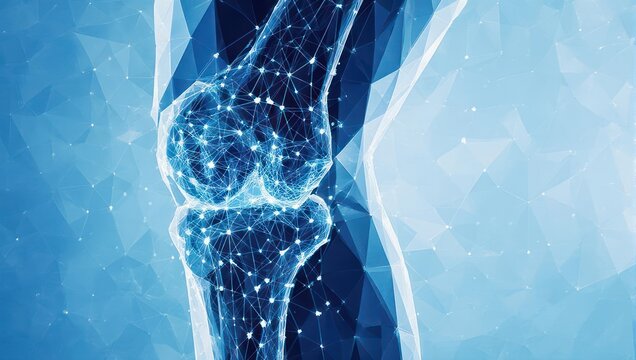 Innovative digital knee joint illustration for medical research insights and breakthrough treatment technology solutions in modern blue design