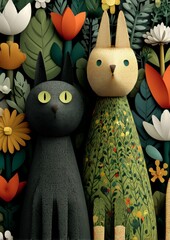 Whimsical Layered Paper Art of Cat and Bunny Surrounded by Colorful Florals and Foliage