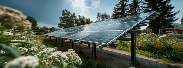 Solar Panels in Blooming Wildflower Field Under Clear Blue Sky and Green Trees