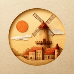 Paper Cut Art of Windmill with Sun and Clouds in Warm Tones