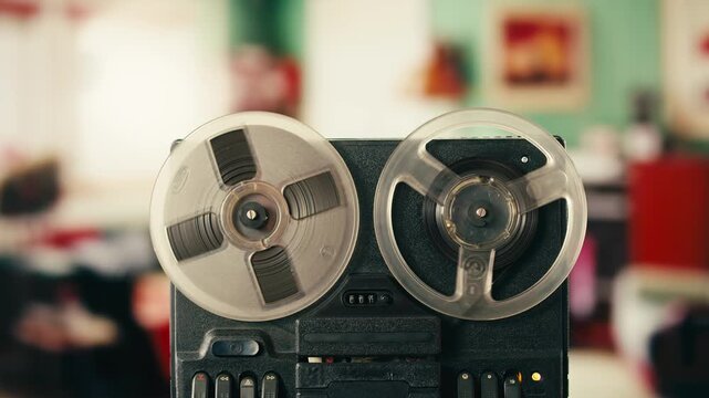 Tape audio music player, studio magnetic tape, vintage retro spool reel to reel player and recorder, magnetic tape data storage close up, music studio. 