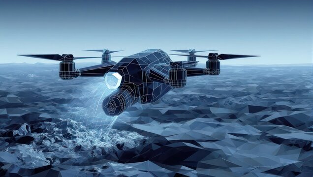 Futuristic drone soaring above abstract geometric landscape with a modern, digital aesthetic perfect for technology and innovation marketing campaigns