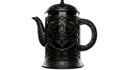 Elegant black french press isolated on transparent background, showcasing intricate design and craftsmanship, perfect for brewing rich and flavorful coffee in a sophisticated and stylish manner