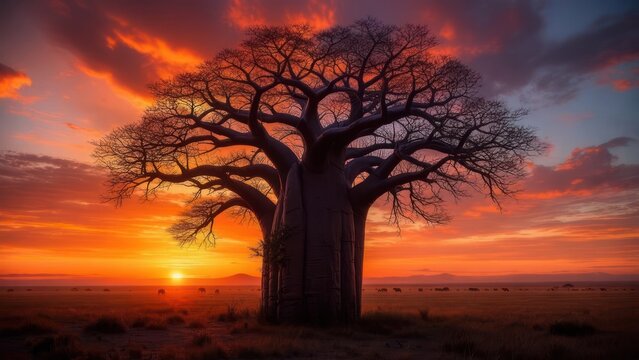 Breathtaking African sunset featuring a majestic baobab tree silhouetted against vibrant orange skies with grazing animals in the distance at dawn