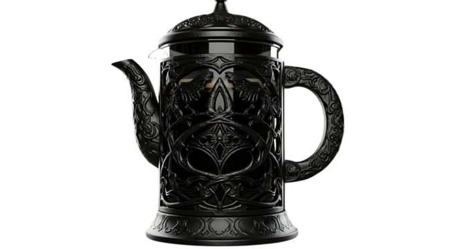 Elegant black french press isolated on transparent background, showcasing intricate design and craftsmanship, perfect for brewing rich and flavorful coffee in a sophisticated and stylish manner
