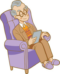 Cartoon Elderly Man Reading Tablet