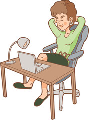 Cartoon Woman Relaxing on Office Chair at Desk with Laptop