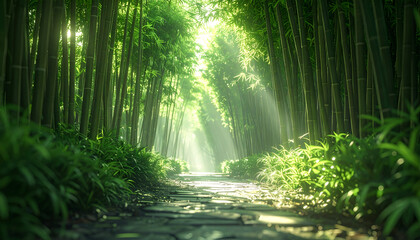 Naklejka premium Sunlit Path Through Lush Green Bamboo Forest