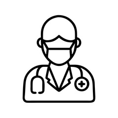 Line art illustration of a doctor wearing a face mask and stethoscope isolated on transparent background