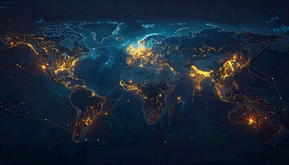 A vibrant, digitally rendered map of the world, glowing cities connected by shimmering lines, showcasing global connectivity against a dark blue backdrop