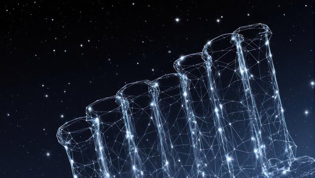 Stunning futuristic digital network of connected test tubes against a cosmic backdrop perfect for science, research, and technology concepts