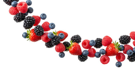 A vibrant assortment of mixed berries, including strawberries, raspberries, blueberries, and blackberries, are artfully arranged in a curved formation against a clean white backdrop, isolated on trans