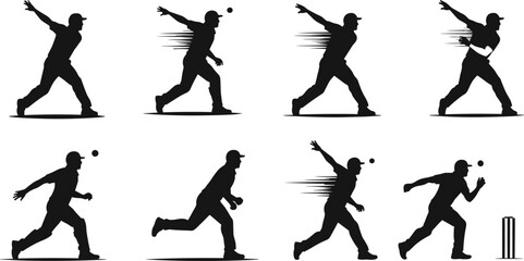 PrintCricket bowler silhouette action, fast ball delivery, sports illustration vector, professional player artwork, competitive game design, athletic training, dynamic motion pose, stumps