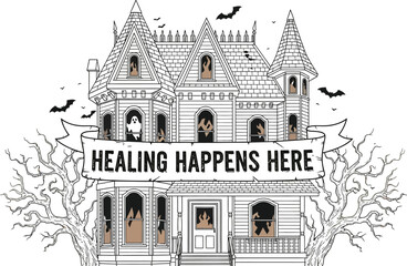 Fototapeta premium Haunted house with ghosts and bats says healing happens here