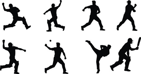 PrintCricket player silhouette, batsman hitting ball, bowler throwing delivery, fielder catching action, sports illustration, athlete motion, professional cricket game artwork, dynamic vector