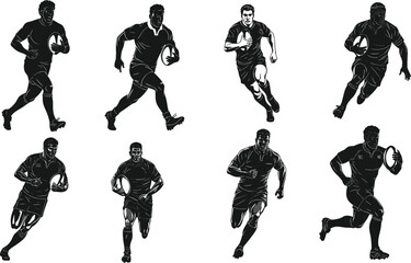 PrintRugby player silhouette, athlete running with ball, dynamic sports action, professional rugby match illustration, strong players in motion, competitive game vector artwork