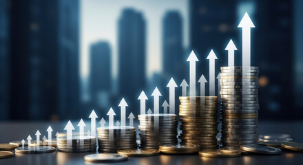 Stacks of Coins with Upward Arrows Against a Cityscape Background, Symbolizing Financial Growth, Investment Success, and Economic Progress in Urban Areas