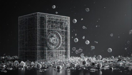 Explore advanced tech concept with a stunning wireframe structure and floating geometric elements, perfect for innovative backgrounds and cutting-edge designs