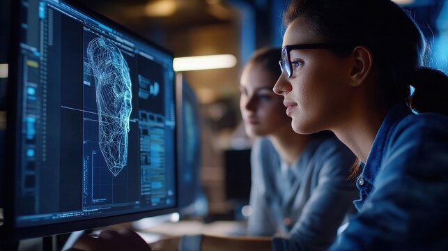 Two women analyzing a three d face model on a computer screen in a dimly lit office environment
