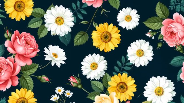 A vibrant floral pattern with roses, sunflowers, and daisies on a dark navy background