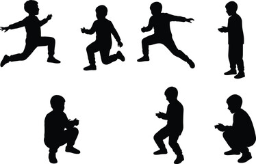 PrintSilhouette children playing video games with controllers, active boys gaming, kids fun entertainment, vector illustration, console lifestyle art, digital leisure