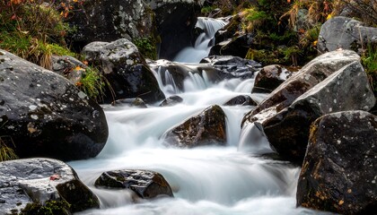 Fototapeta premium A tranquil, long-exposure shot of a cascading stream flowing over moss-covered rocks, surrounded by fall foliage