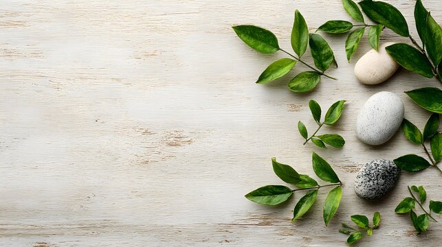 Natural stones and green leaves on wooden background