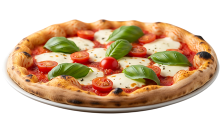 A delicious neapolitan pizza with fresh mozzarella, ripe cherry tomatoes, and vibrant green basil leaves isolated on transparent background, capturing the essence of italian cuisine and culinary artis