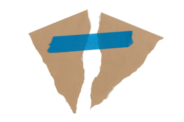A torn cardboard with blue tape and damage isolated on white background