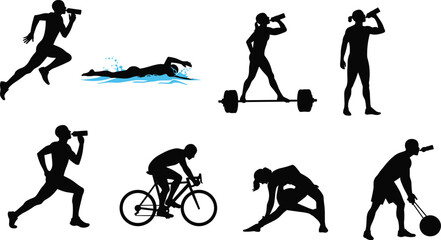 PrintSilhouette illustration of athletes running, swimming, cycling, stretching, weightlifting, exercising, drinking water, training fitness, active lifestyle, healthy sports activity vector.