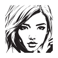 Black and white close up illustration of a beautiful woman face minimalist elegant line art drawing