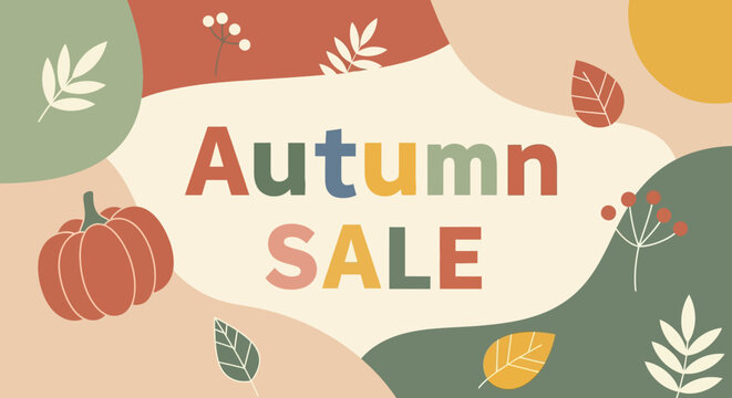 Autumn Sale announcement featuring a pumpkin, stylized leaves, and organic shapes in warm, earthy tones.