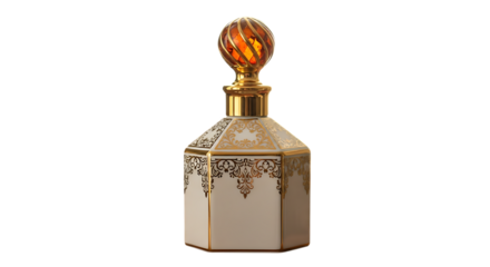 Exquisite perfume bottle isolated on transparent background, featuring a unique octagonal shape, delicate gold detailing, and an amber glass stopper, perfect for adding a touch of vintage charm to any