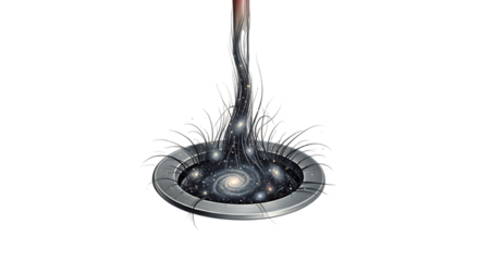 A mesmerizing depiction of the universe flowing down a drain, isolated on transparent background, symbolizing the vastness of space and the mysteries of the cosmos, with swirling galaxies and celestia