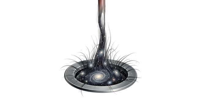 A mesmerizing depiction of the universe flowing down a drain, isolated on transparent background, symbolizing the vastness of space and the mysteries of the cosmos, with swirling galaxies and celestia