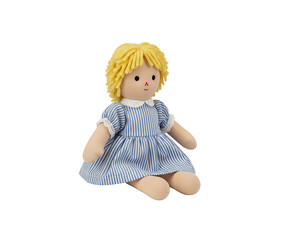 Fototapeta premium A cute handmade fabric doll with yellow yarn hair and a blue striped dress, sitting down, isolated on a transparent background