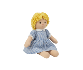 A cute handmade fabric doll with yellow yarn hair and a blue striped dress, sitting down, isolated on a transparent background