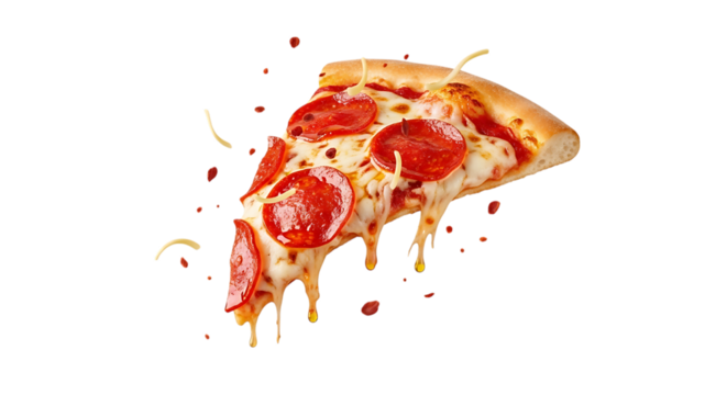 A mouthwatering slice of pepperoni pizza with melted cheese, isolated on transparent background, showcasing the deliciousness and temptation of fast food, perfect for culinary and gastronomic themes