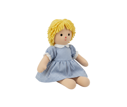 A cute handmade fabric doll with yellow yarn hair and a blue striped dress, sitting down, isolated on a transparent background